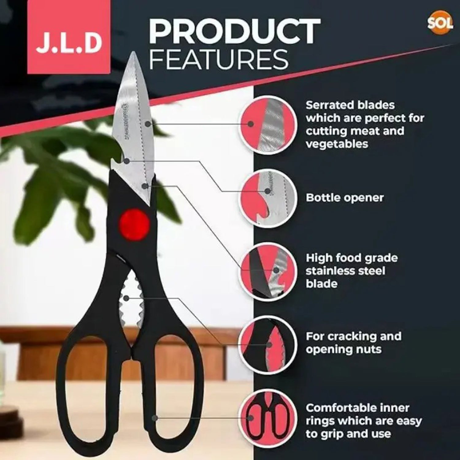 Multifunctional Heavy-Duty Food Scissors – Sharp Kitchen Shears with Walnut Cracker, Bottle & Can Opener