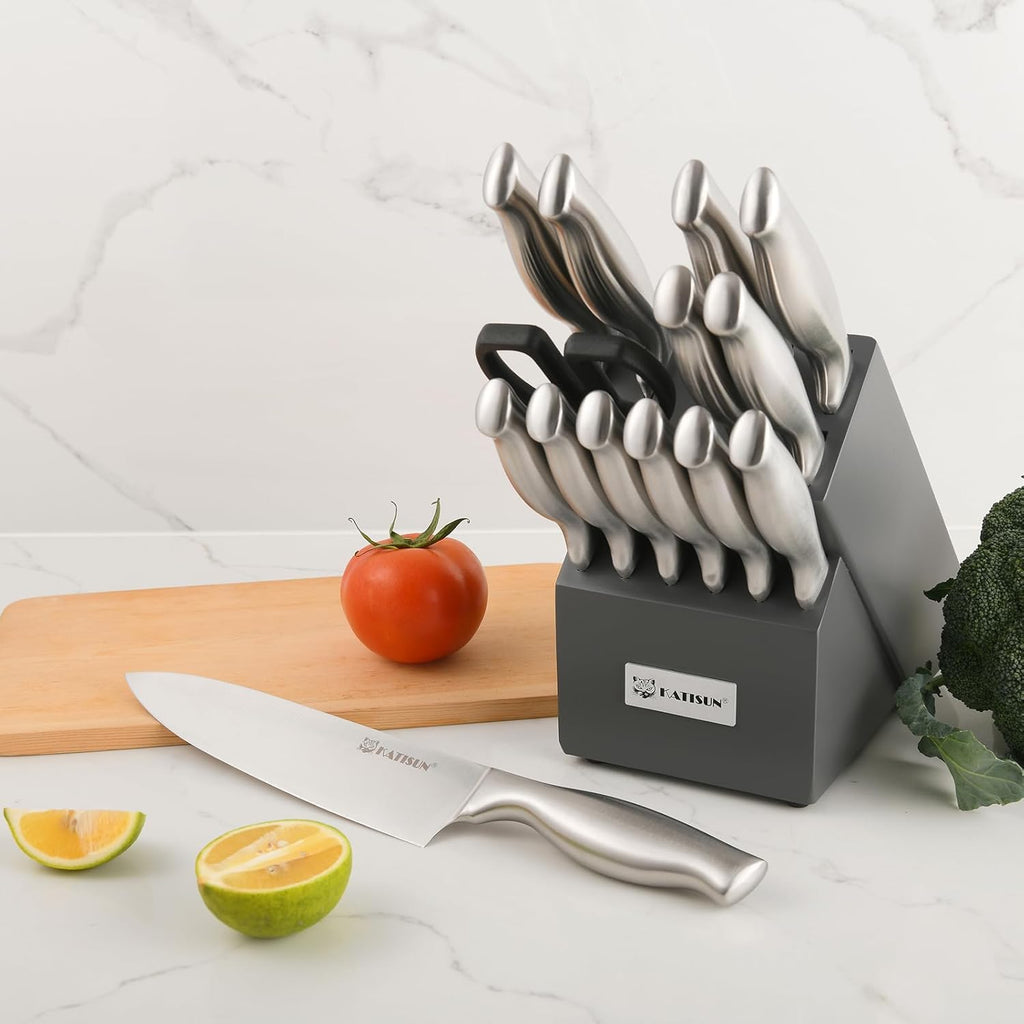 15-Piece Silver Stainless Steel Knife Set – Ergonomic Hollow Handle Kitchen Knives with Black Wood Block & Shears