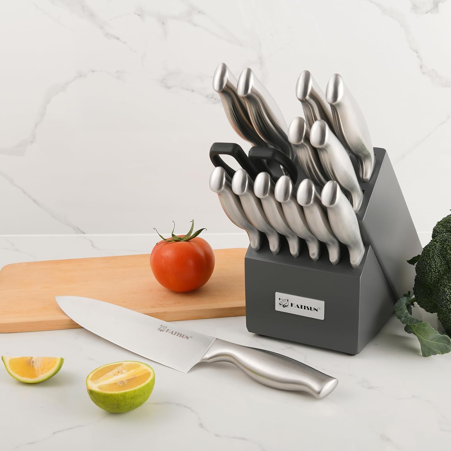 15-Piece Silver Stainless Steel Knife Set – Ergonomic Hollow Handle Kitchen Knives with Black Wood Block & Shears