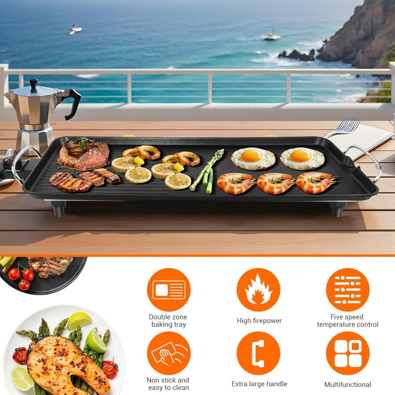 48cm Electric Teppanyaki Table Top Griddle BBQ Hot Plate Barbecue Grill Pan Non-Stick