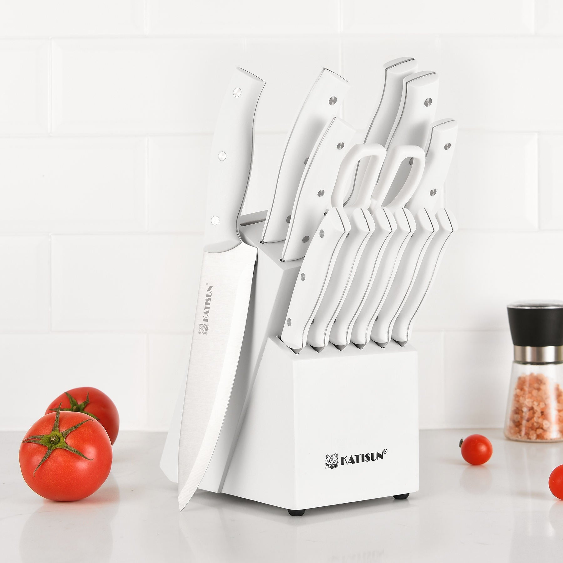 15-Piece White High-Carbon Steel Knife Set – Professional Kitchen Knives with Built-in Sharpener Block & Scissors