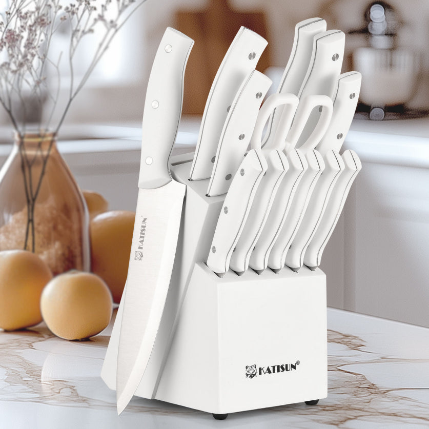 15-Piece White High-Carbon Steel Knife Set – Professional Kitchen Knives with Built-in Sharpener Block & Scissors