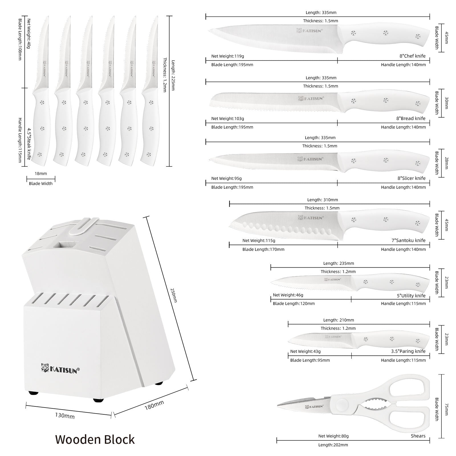 15-Piece White High-Carbon Steel Knife Set – Professional Kitchen Knives with Built-in Sharpener Block & Scissors