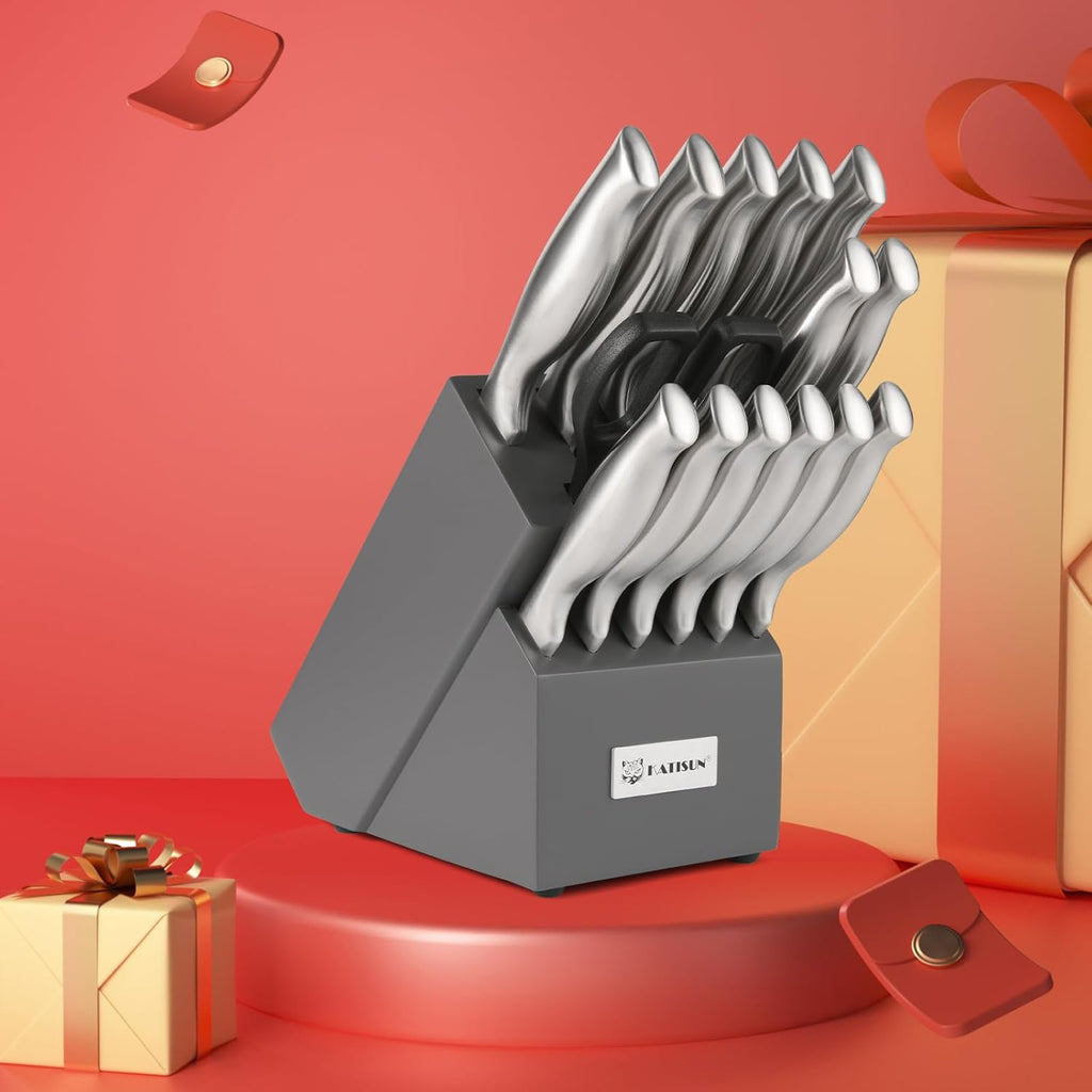 15-Piece Silver Stainless Steel Knife Set – Ergonomic Hollow Handle Kitchen Knives with Black Wood Block & Shears