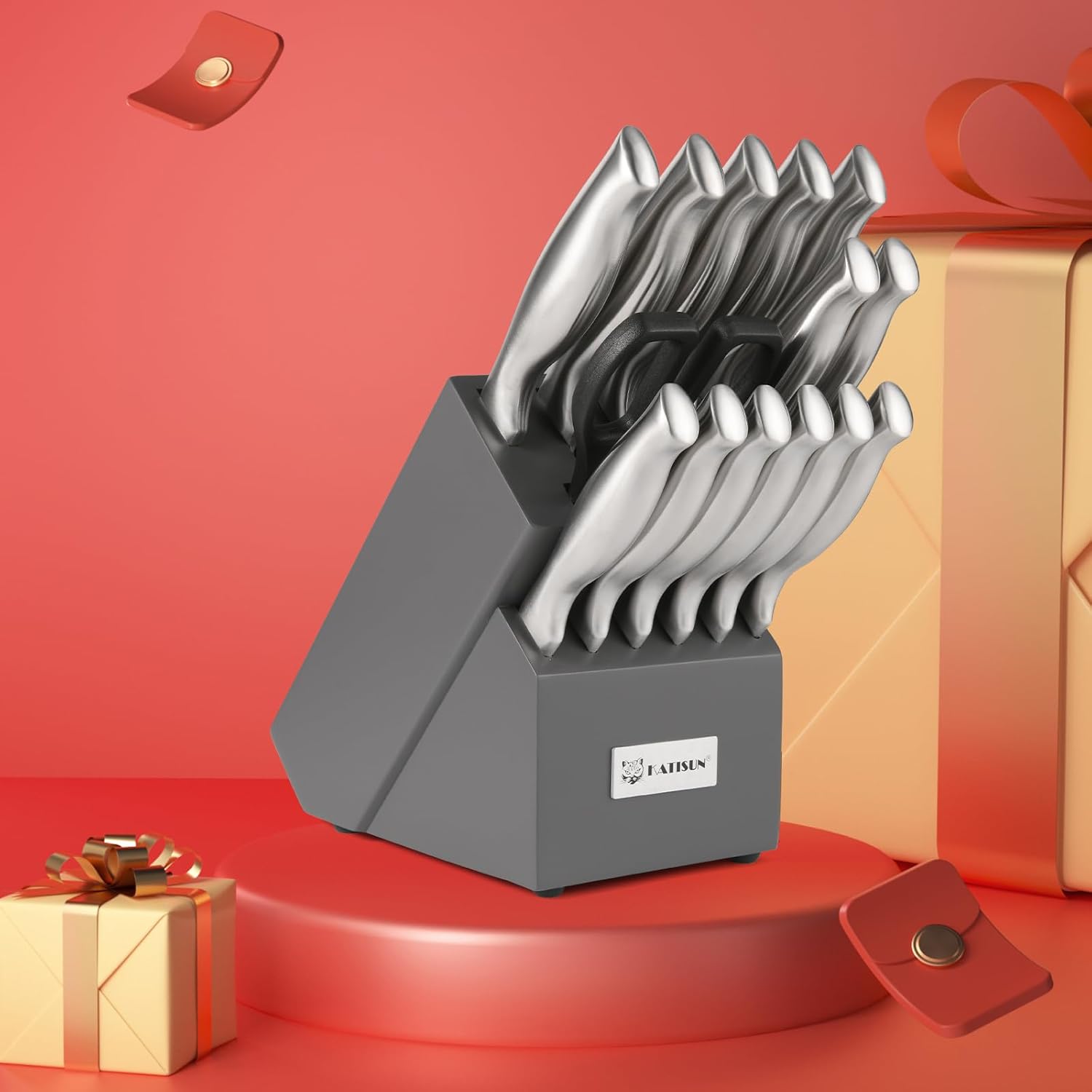 15-Piece Silver Stainless Steel Knife Set – Ergonomic Hollow Handle Kitchen Knives with Black Wood Block & Shears