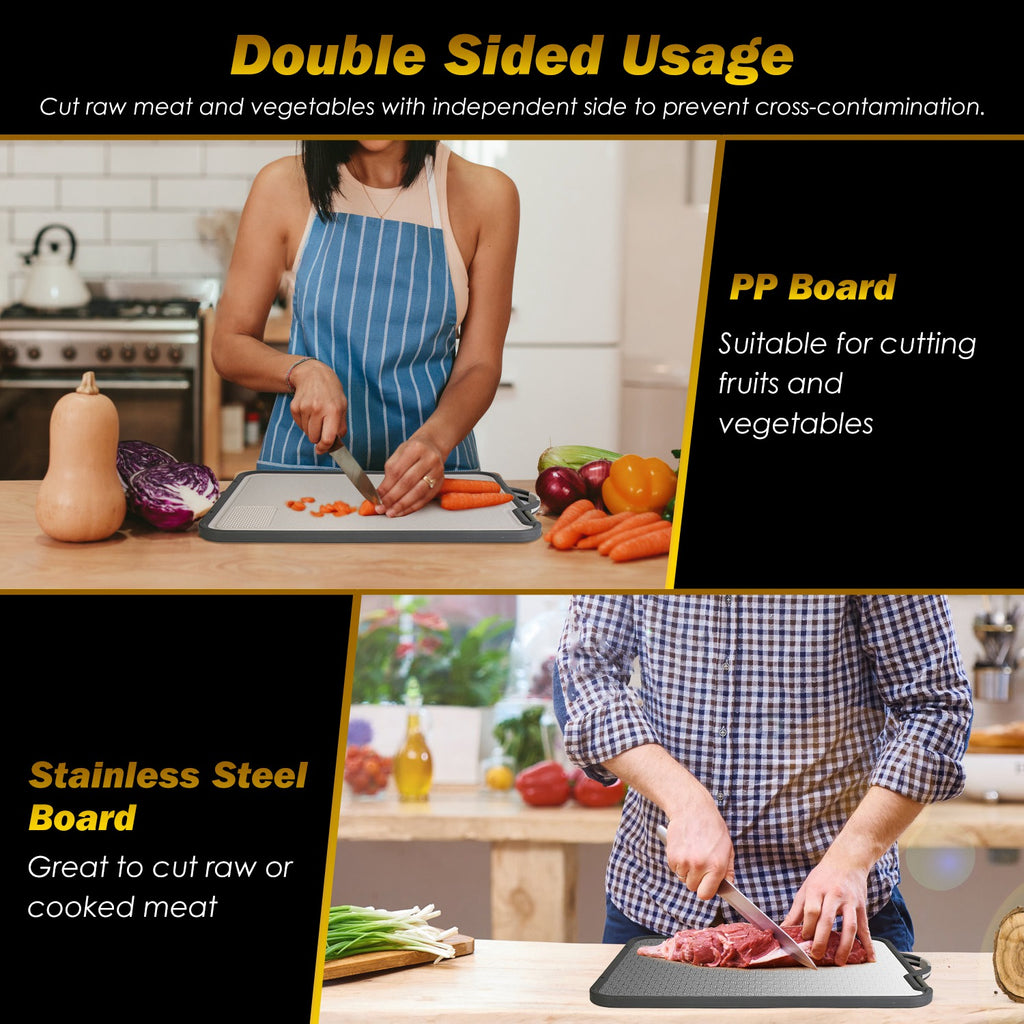 2-Piece Double-Sided Cutting Board Set – Stainless Steel & Plastic Chopping Board with Sharpener & Grinding Zone