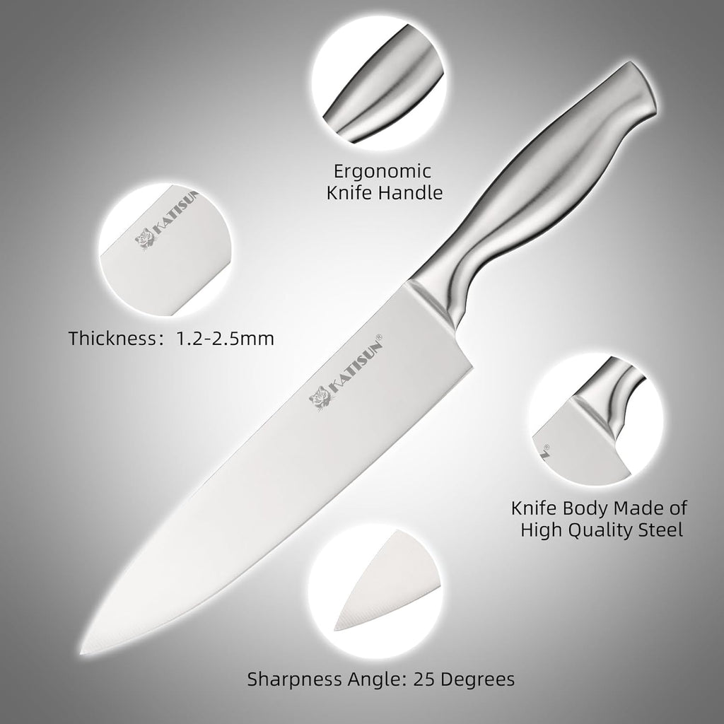 15-Piece Silver Stainless Steel Knife Set – Ergonomic Hollow Handle Kitchen Knives with Black Wood Block & Shears