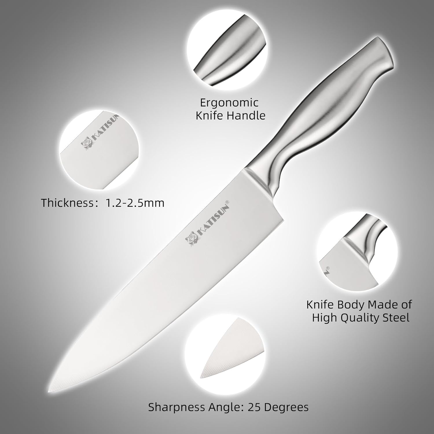 15-Piece Silver Stainless Steel Knife Set – Ergonomic Hollow Handle Kitchen Knives with Black Wood Block & Shears