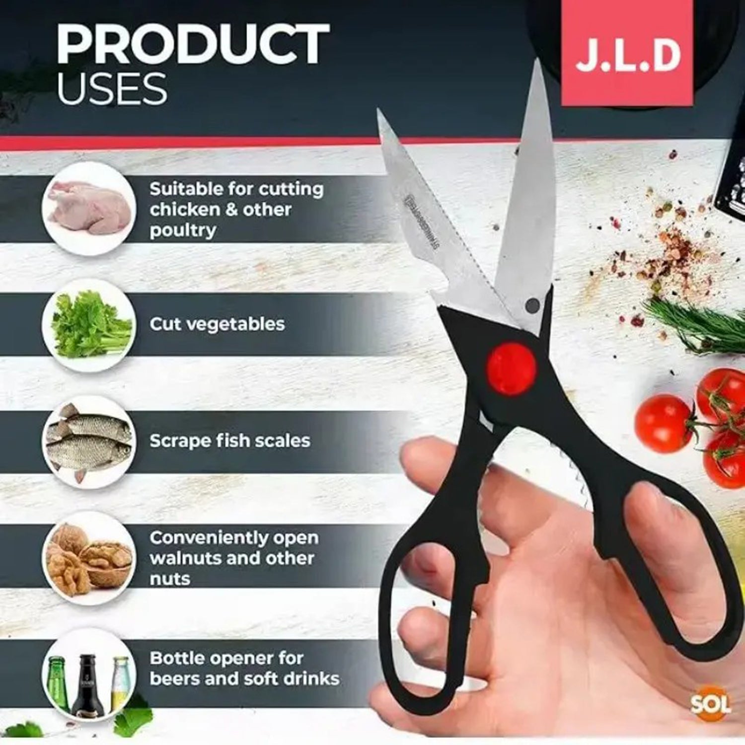 Multifunctional Heavy-Duty Food Scissors – Sharp Kitchen Shears with Walnut Cracker, Bottle & Can Opener