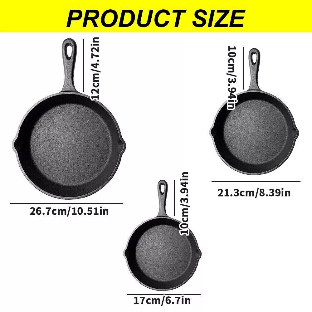 Pre-Seasoned Cast Iron Skillet Set – 3-Piece Non-Stick Griddle Pan