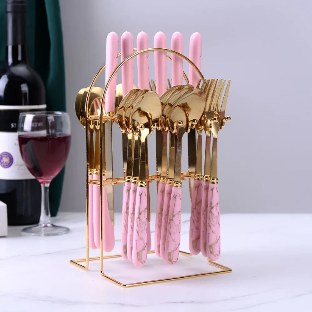 24pcs Stainless Steel Marbled Tableware Set Mirror Polished Nordic Style Famliy Cutlery Set with Storage Rack