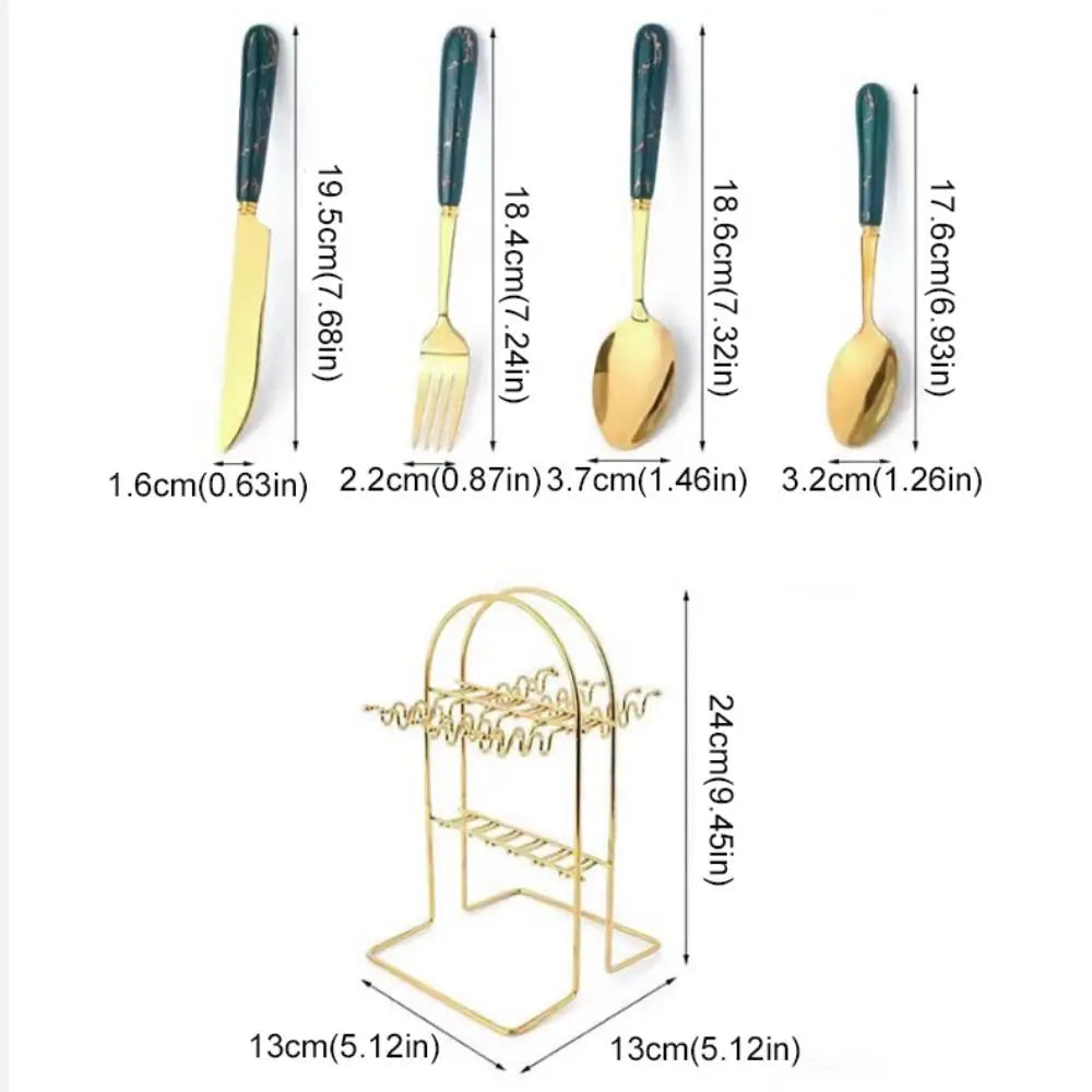24pcs Stainless Steel Marbled Tableware Set Mirror Polished Nordic Style Famliy Cutlery Set with Storage Rack