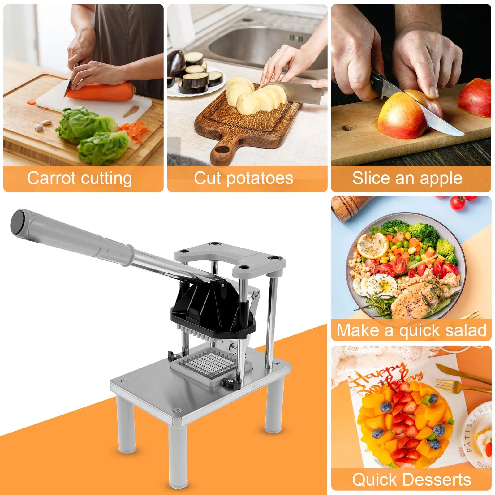 1 Pc Multi-functional Vegetable Fruit Chopper Stainless Steel Potato Slicer with 2 Replacement Blades Manual French Fry Cutter