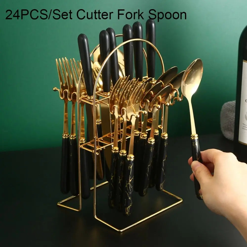 24pcs Stainless Steel Marbled Tableware Set Mirror Polished Nordic Style Famliy Cutlery Set with Storage Rack