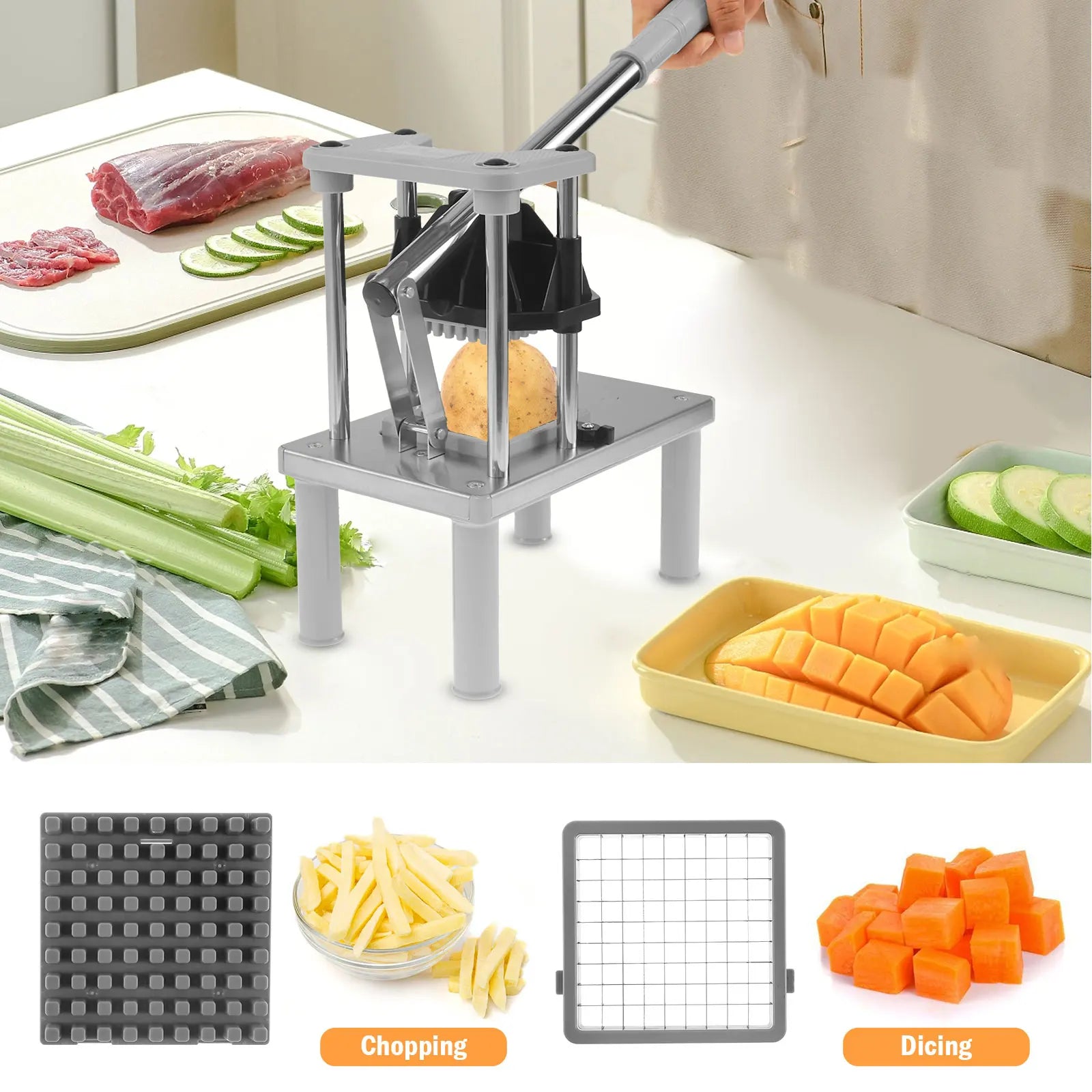 1 Pc Multi-functional Vegetable Fruit Chopper Stainless Steel Potato Slicer with 2 Replacement Blades Manual French Fry Cutter