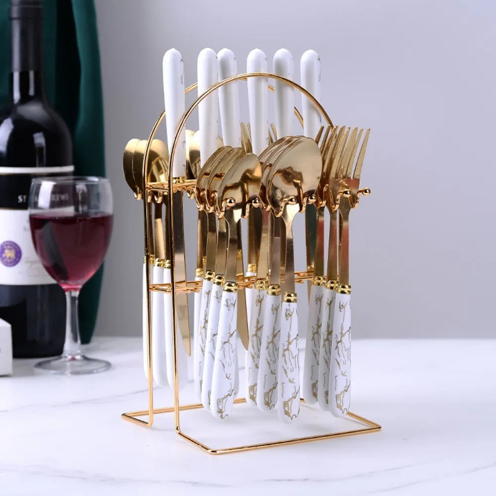 24pcs Stainless Steel Marbled Tableware Set Mirror Polished Nordic Style Famliy Cutlery Set with Storage Rack