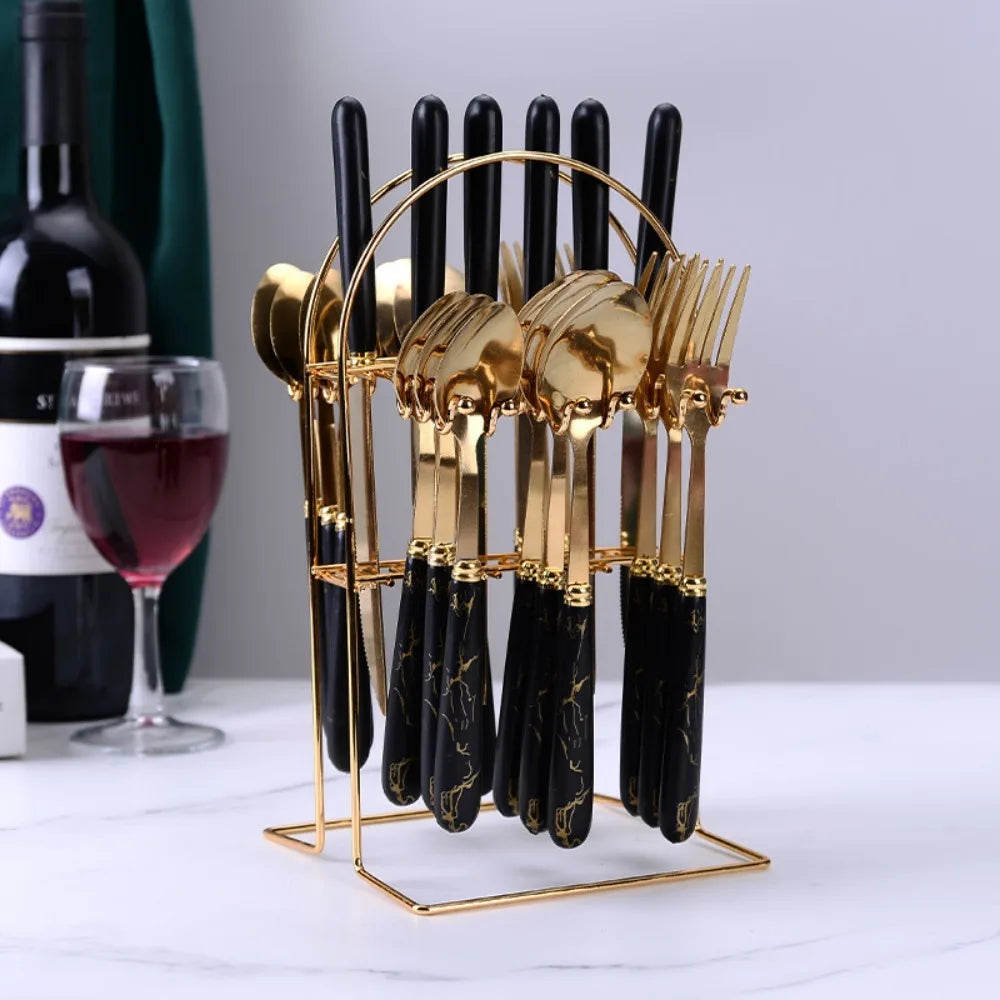 24pcs Stainless Steel Marbled Tableware Set Mirror Polished Nordic Style Famliy Cutlery Set with Storage Rack