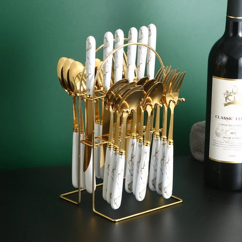 24pcs Stainless Steel Marbled Tableware Set Mirror Polished Nordic Style Famliy Cutlery Set with Storage Rack