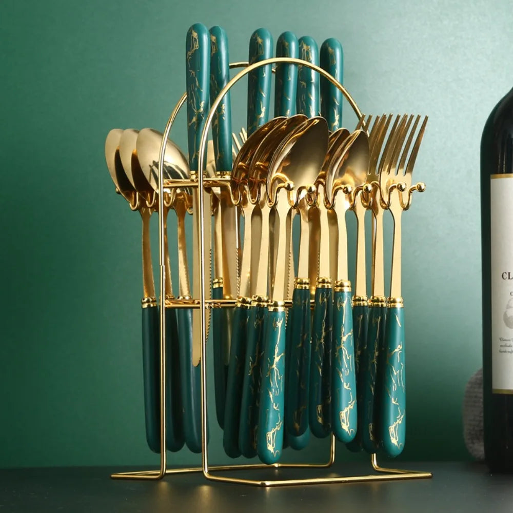 24pcs Stainless Steel Marbled Tableware Set Mirror Polished Nordic Style Famliy Cutlery Set with Storage Rack