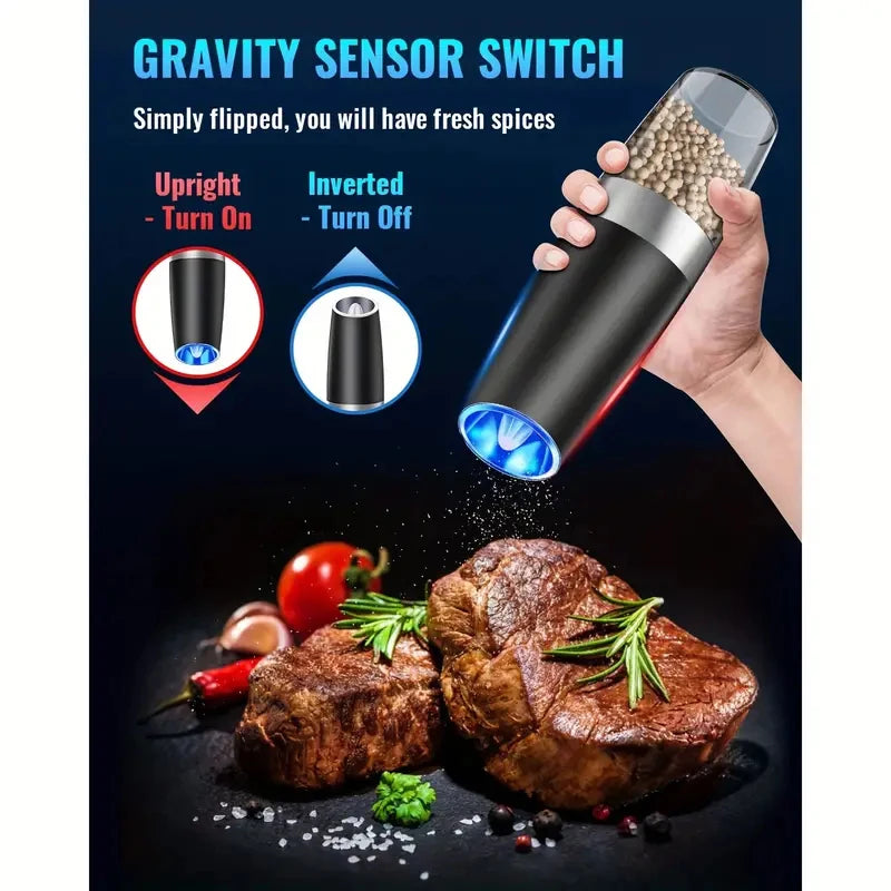 2-Pack Gravity Electric Salt & Pepper Grinder Set – Auto Tilt-to-Grind, Adjustable Coarseness, Battery Powered Mill