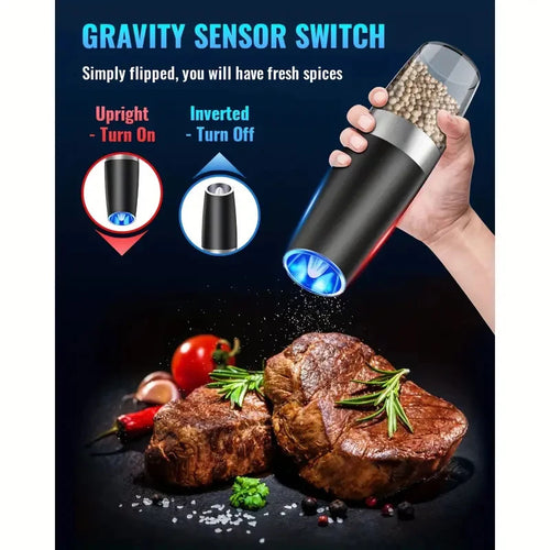 2-Pack Gravity Electric Salt & Pepper Grinder Set – Auto Tilt-to-Grind, Adjustable Coarseness, Battery Powered Mill
