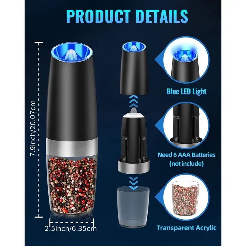 2-Pack Gravity Electric Salt & Pepper Grinder Set – Auto Tilt-to-Grind, Adjustable Coarseness, Battery Powered Mill