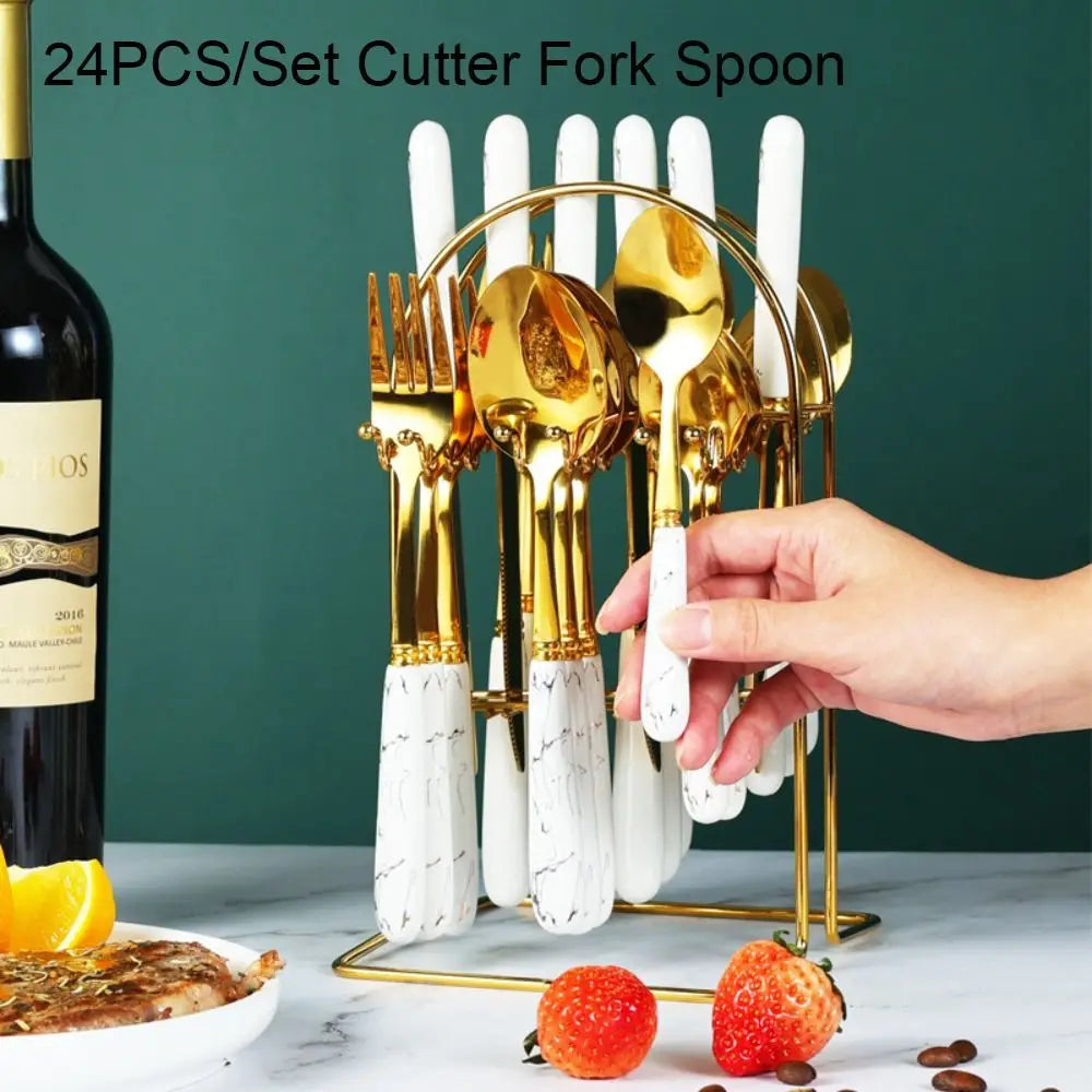 24pcs Stainless Steel Marbled Tableware Set Mirror Polished Nordic Style Famliy Cutlery Set with Storage Rack