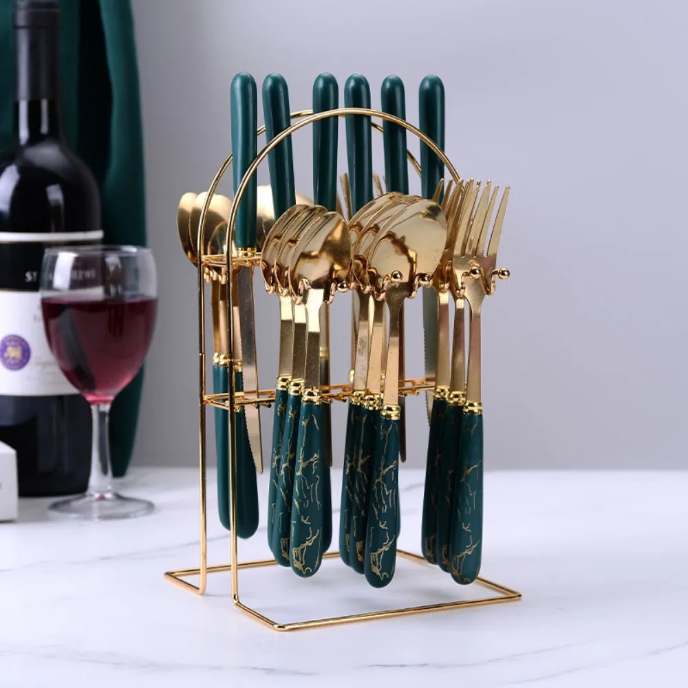 24pcs Stainless Steel Marbled Tableware Set Mirror Polished Nordic Style Famliy Cutlery Set with Storage Rack