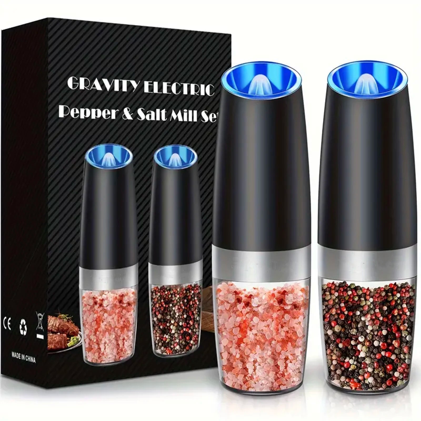 2-Pack Gravity Electric Salt & Pepper Grinder Set – Auto Tilt-to-Grind, Adjustable Coarseness, Battery Powered Mill