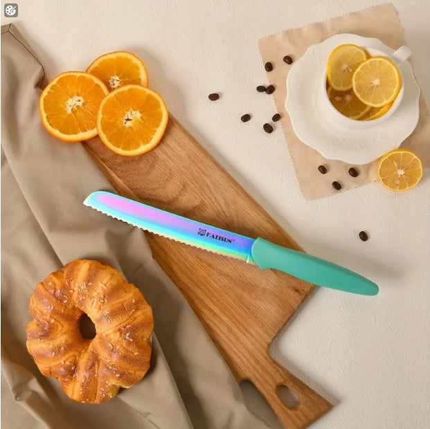 14-Piece Rainbow Stainless Steel Knife Set – Titanium Coated High Carbon Kitchen Knives with Wooden Block & Scissors