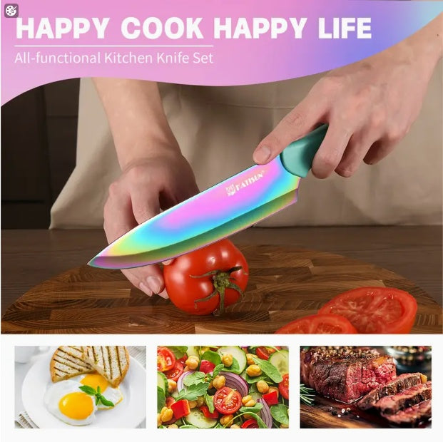 14-Piece Rainbow Stainless Steel Knife Set – Titanium Coated High Carbon Kitchen Knives with Wooden Block & Scissors