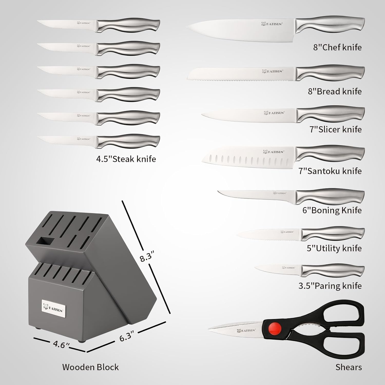 15-Piece Silver Stainless Steel Knife Set – Ergonomic Hollow Handle Kitchen Knives with Black Wood Block & Shears