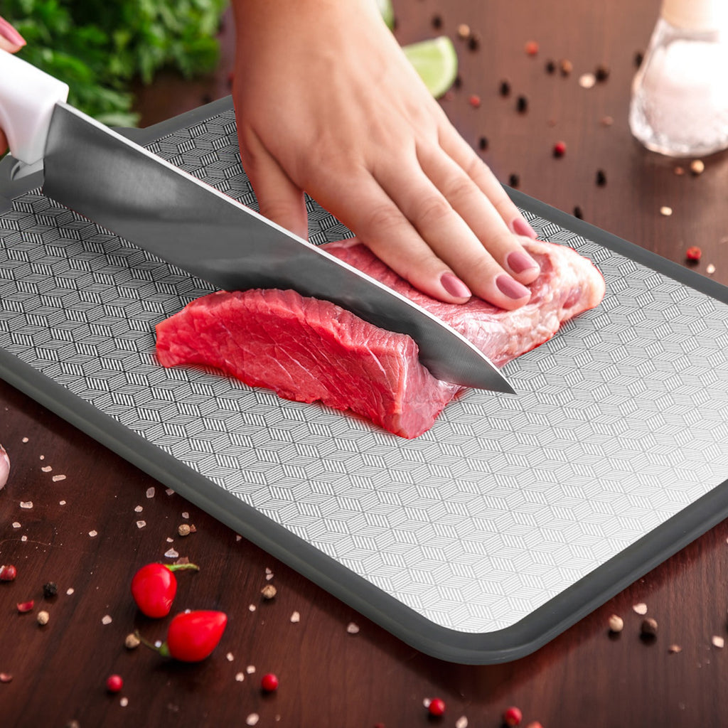 2-Piece Double-Sided Cutting Board Set – Stainless Steel & Plastic Chopping Board with Sharpener & Grinding Zone