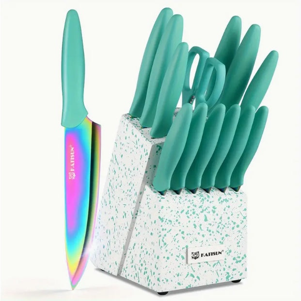 14-Piece Rainbow Stainless Steel Knife Set – Titanium Coated High Carbon Kitchen Knives with Wooden Block & Scissors