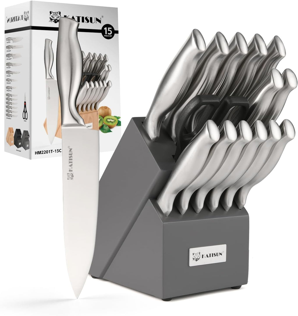 15-Piece Silver Stainless Steel Knife Set – Ergonomic Hollow Handle Kitchen Knives with Black Wood Block & Shears